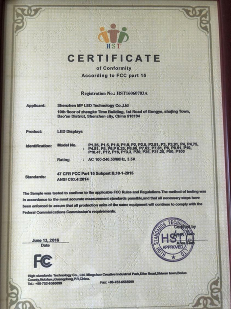 Chine Shenzhen MP LED Technology Co.,Ltd certifications