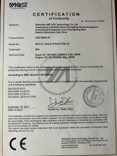 Chine Shenzhen MP LED Technology Co.,Ltd certifications